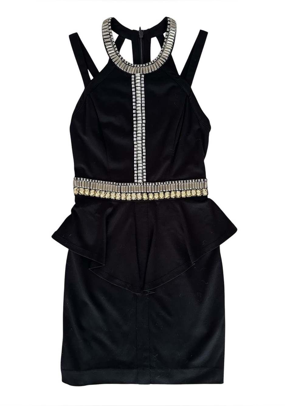 Bebe Dress Black with Silver Jewels and Beads Peplum Size 6